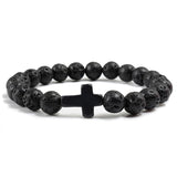 Trendy Jesus Cross Charm Blue Turquoises Men Bracelet Black Lava Stone