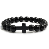 Trendy Jesus Cross Charm Blue Turquoises Men Bracelet Black Lava Stone