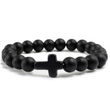 Trendy Jesus Cross Charm Blue Turquoises Men Bracelet Black Lava Stone