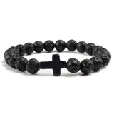 Trendy Jesus Cross Charm Blue Turquoises Men Bracelet Black Lava Stone