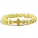 Trendy Jesus Cross Charm Blue Turquoises Men Bracelet Black Lava Stone