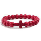 Trendy Jesus Cross Charm Blue Turquoises Men Bracelet Black Lava Stone
