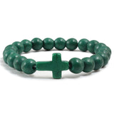 Trendy Jesus Cross Charm Blue Turquoises Men Bracelet Black Lava Stone