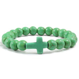 Trendy Jesus Cross Charm Blue Turquoises Men Bracelet Black Lava Stone