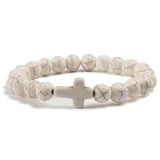 Trendy Jesus Cross Charm Blue Turquoises Men Bracelet Black Lava Stone