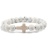 Trendy Jesus Cross Charm Blue Turquoises Men Bracelet Black Lava Stone
